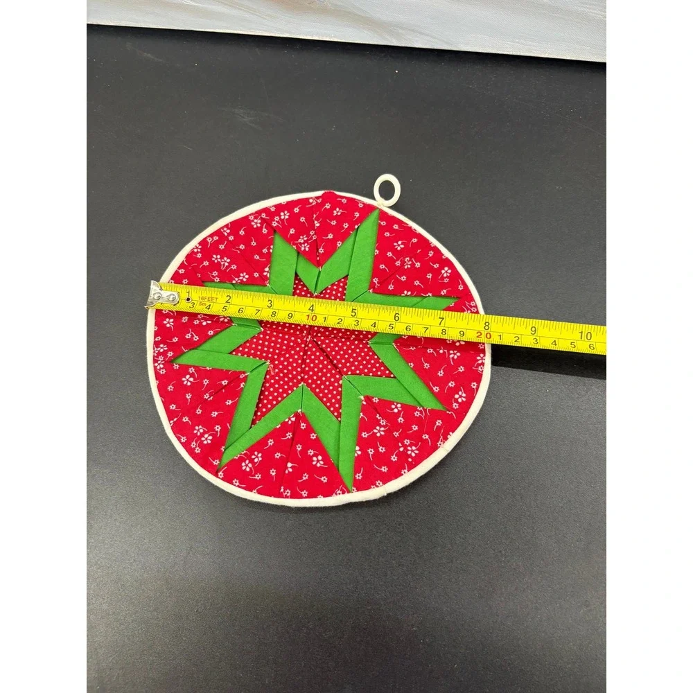 Vintage Handmade Quilted Folded Star Pot Holder Red Green Floral Grannycore 8
